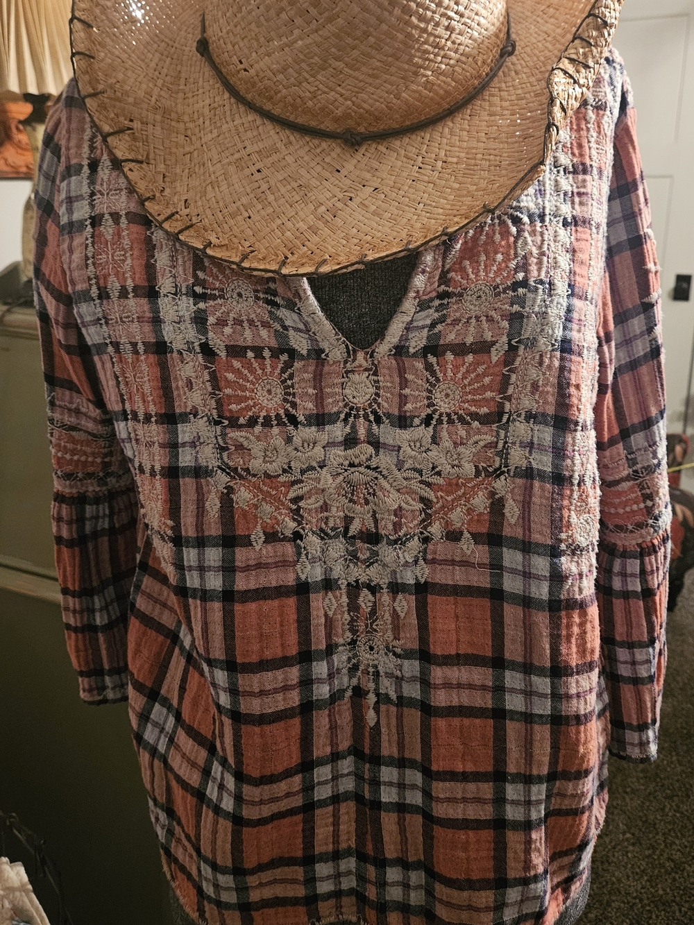 Boho Embroidered Plaid Tunic Top - Pink Plaid